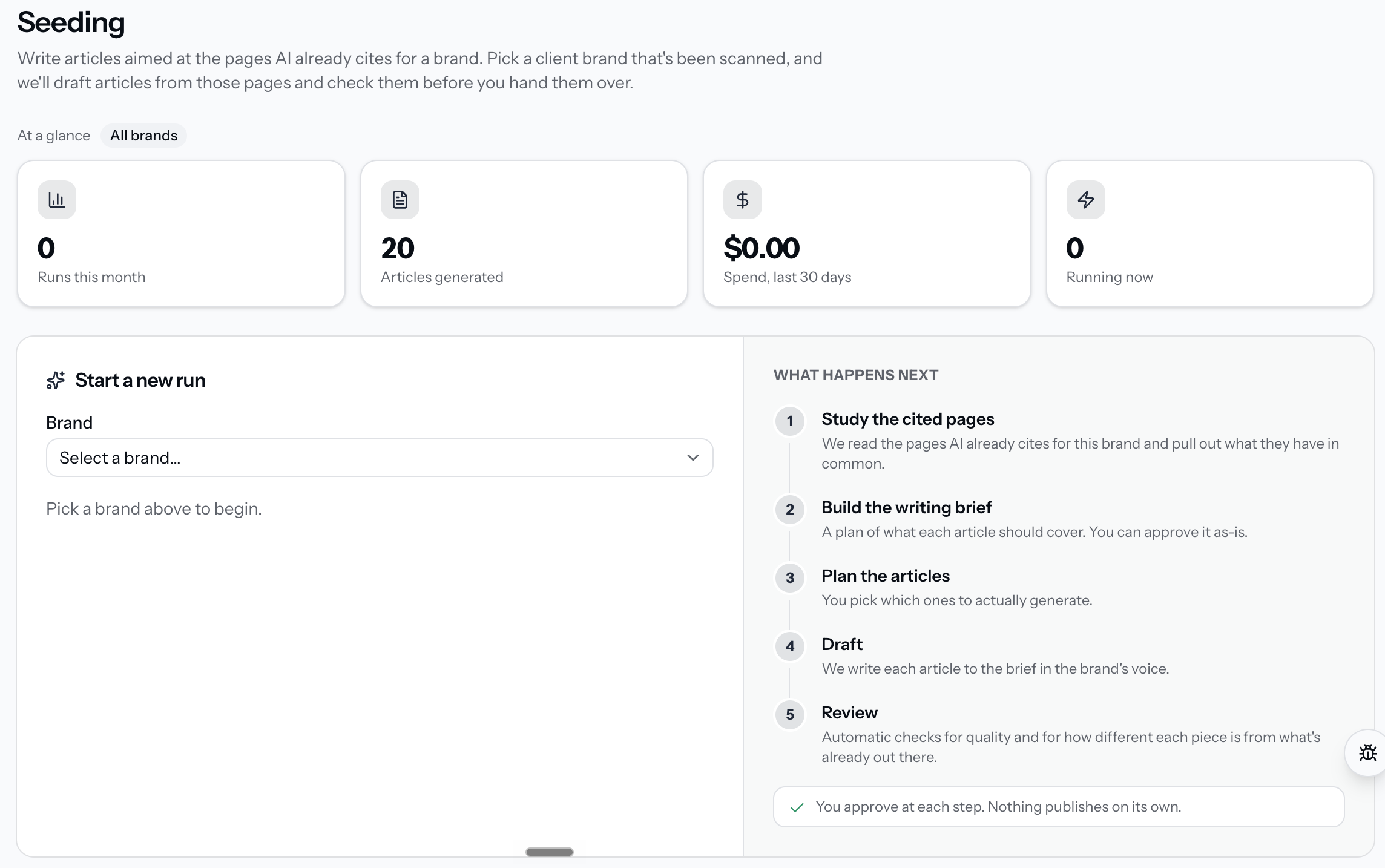 AI Visibility seeding dashboard