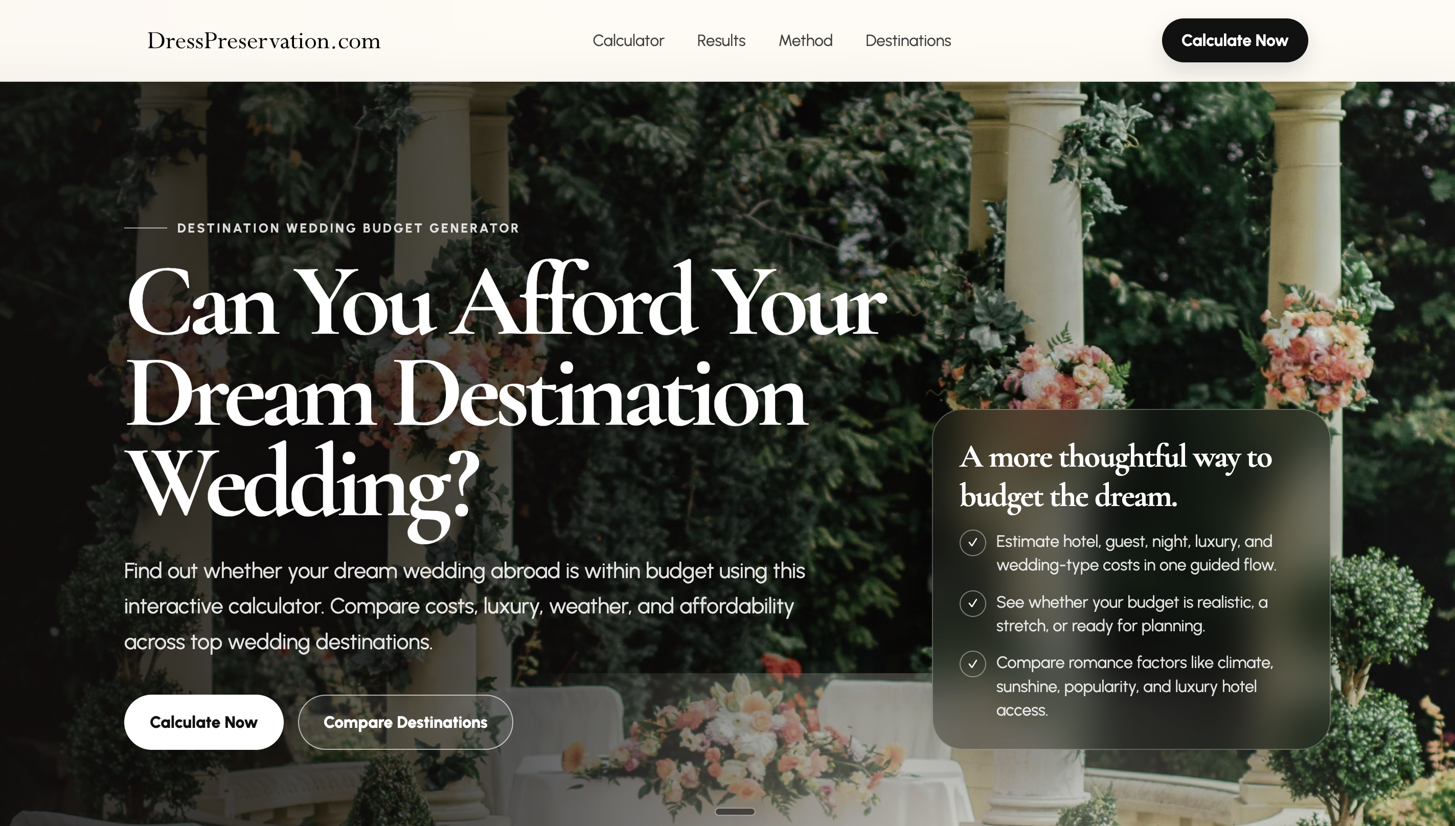 DressPreservation destination wedding calculator screenshot
