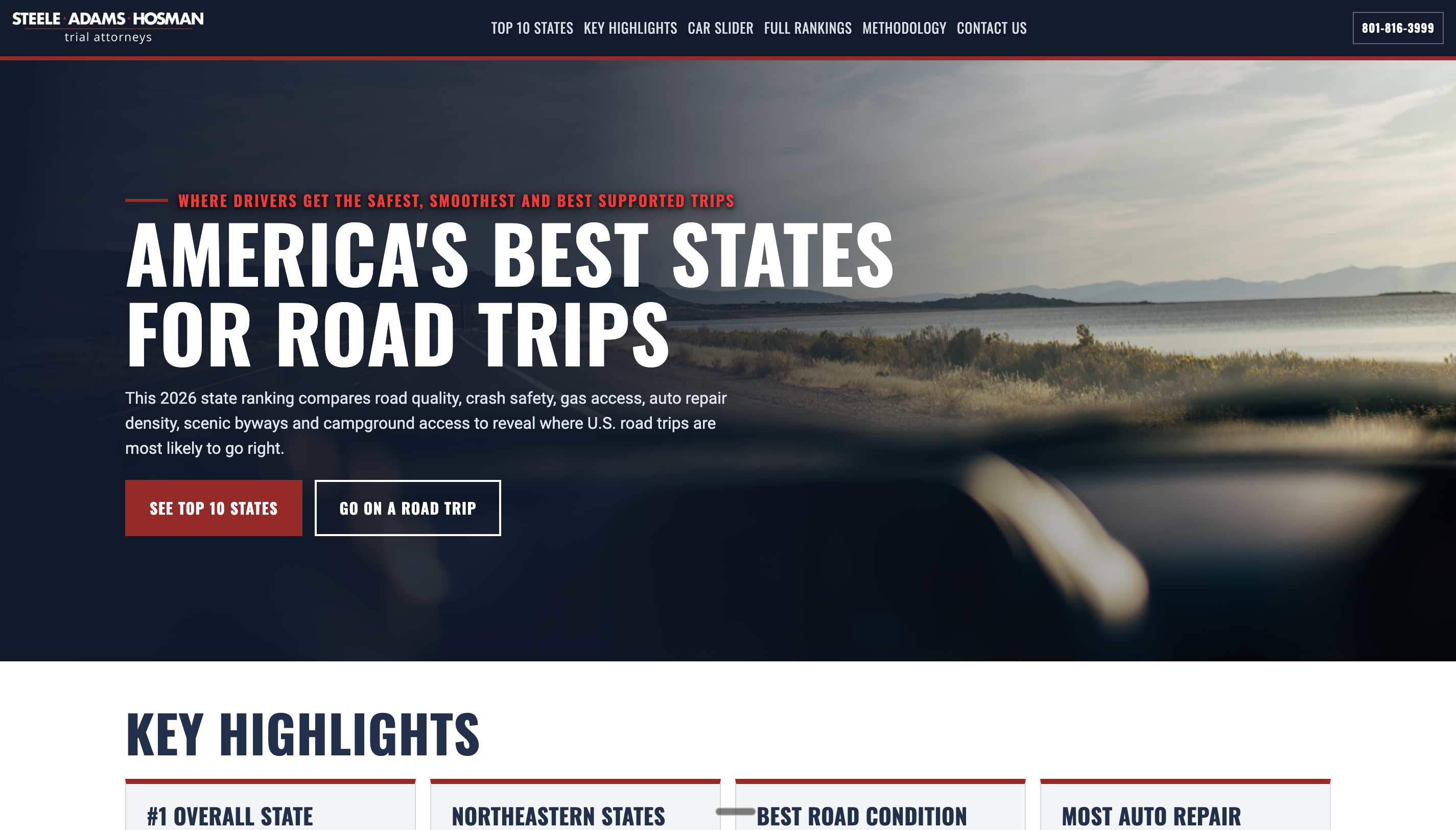 Steele Adams Hosman road trips landing page screenshot